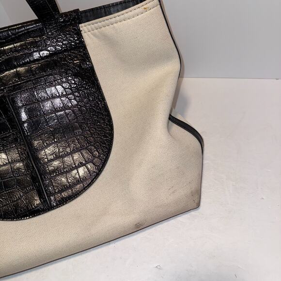 TOD´S Tasca Canvas & Croc Embossed Leather Tote Black & White Made in Italy - Picture 7 of 16